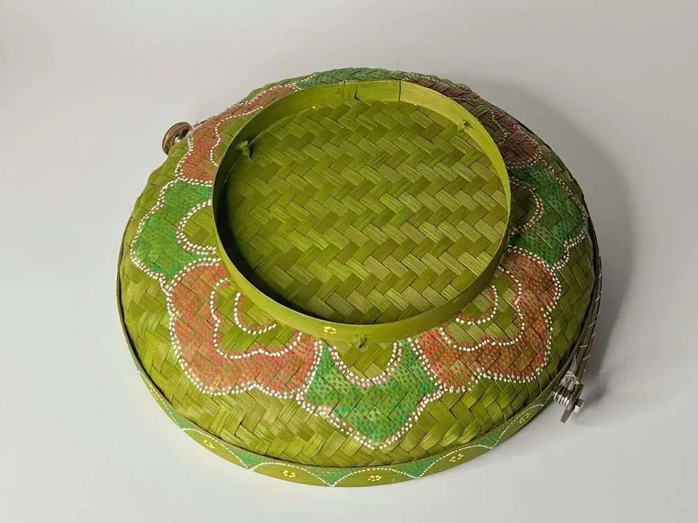 Vintage Hand-Woven Bamboo Folding Mesh Food Cover Basket Floral Hand-Painting